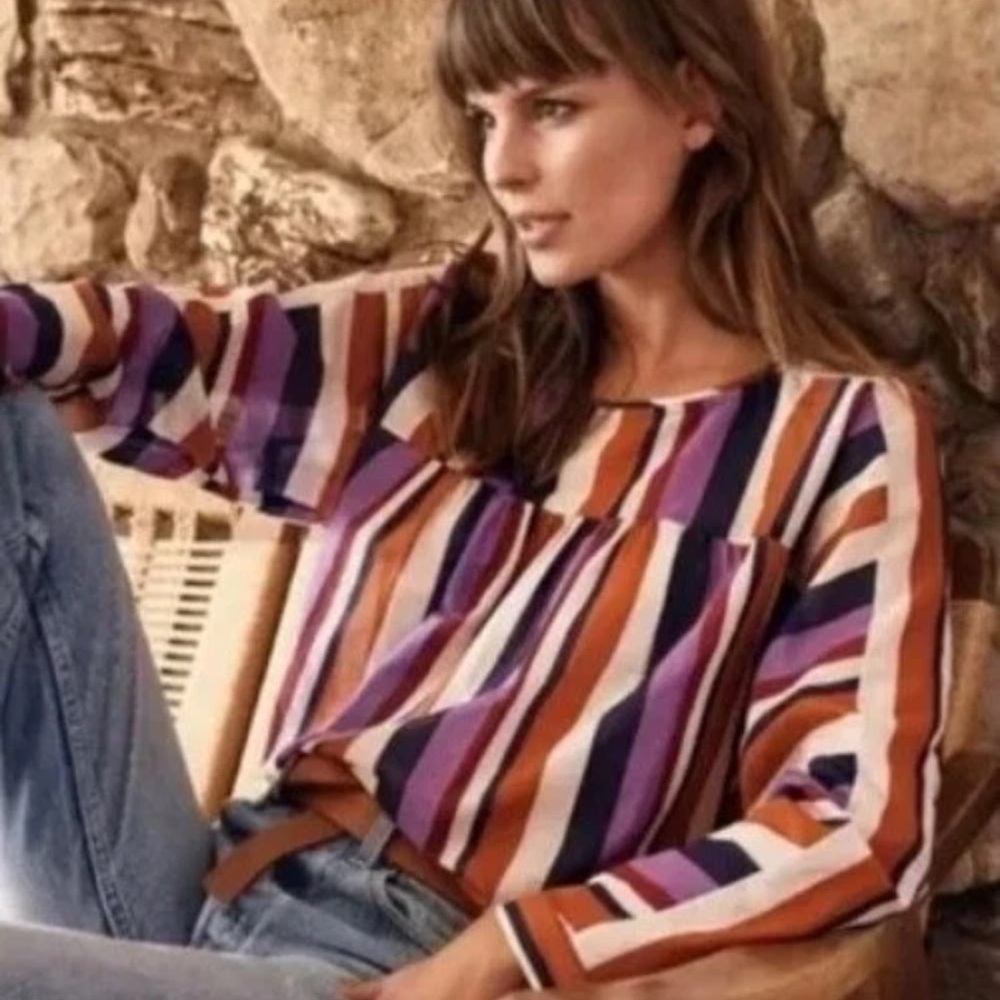 XiRENA Mia Madrid Striped Cotton & Silk Flowy Blouse Size Medium